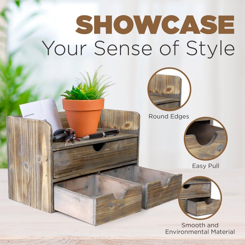 Besti Wooden Office Desk Organizer - Organizing Tool for Desktop, Cubicle, Bedroom, Kitchen - Vintage Style Organization Caddy with Top Tray Shelf & 3 Drawers - 13.6x9x7 Inches (Rustic) - Image 3